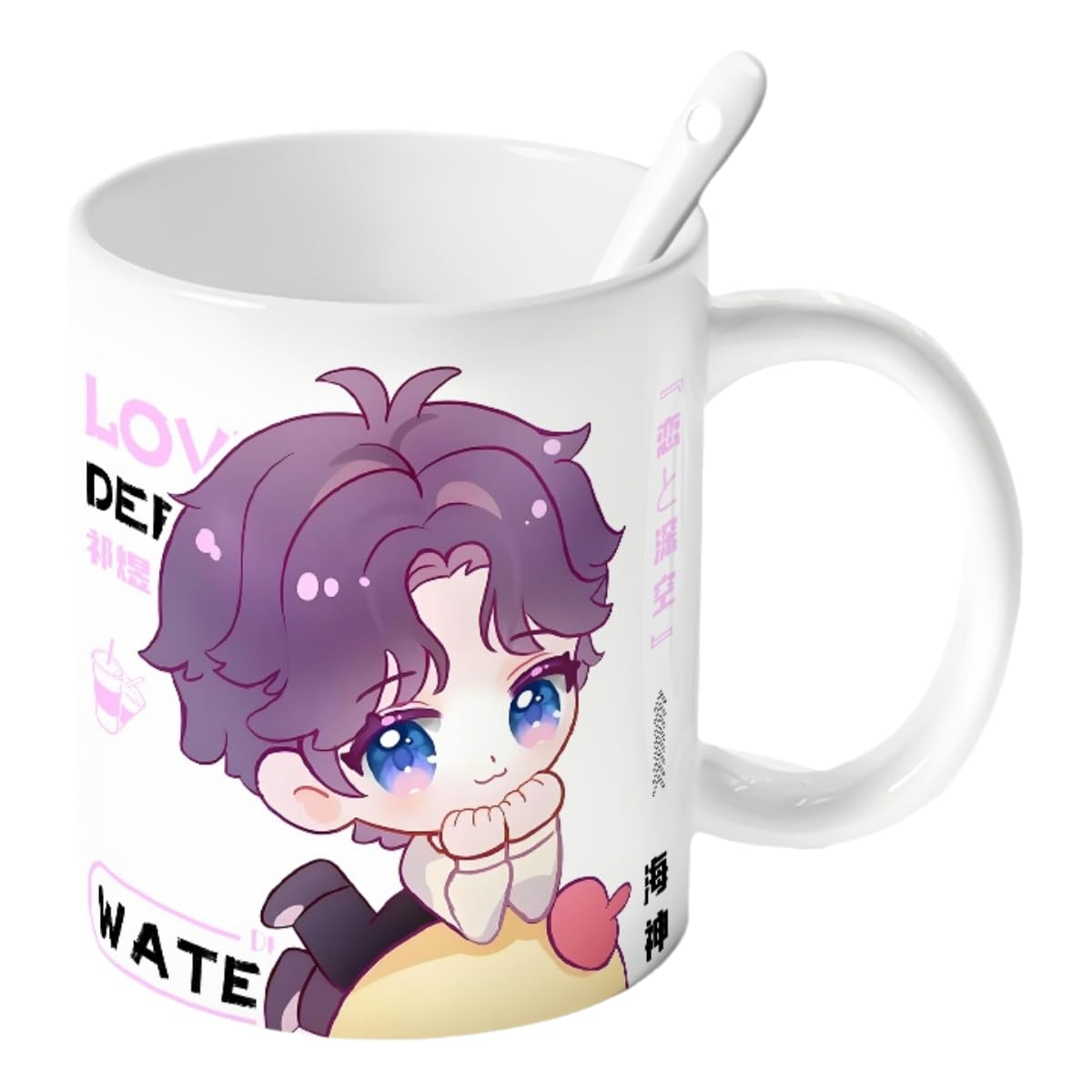 Rafayel Love Deepspace Mug Set - 4-Piece Coffee Cup with Lid Coaster Spoon - 330ml Anime Ceramic Cute Desktop Gift for Fans of Zayne Xavier Rafayel Sylus Caleb - Zouven05