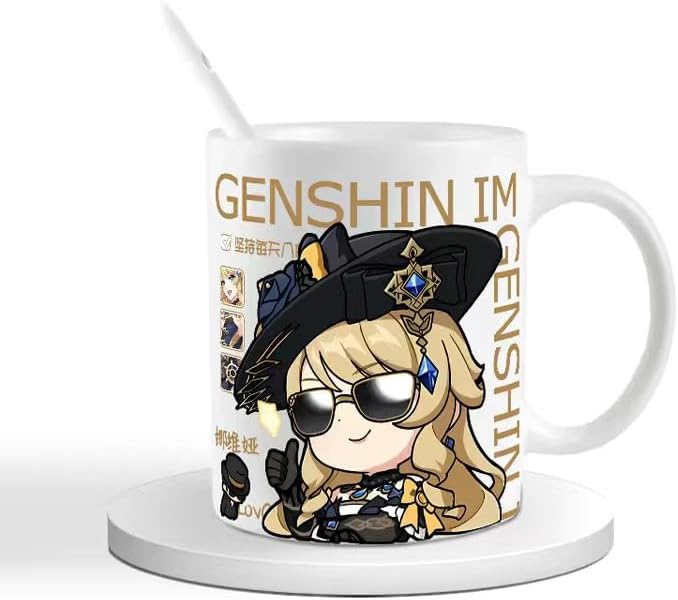 Genshin Impact Navia Mug Set - 330ml Chibi Ceramic with Spoon Coaster - Gift for Anime Fans