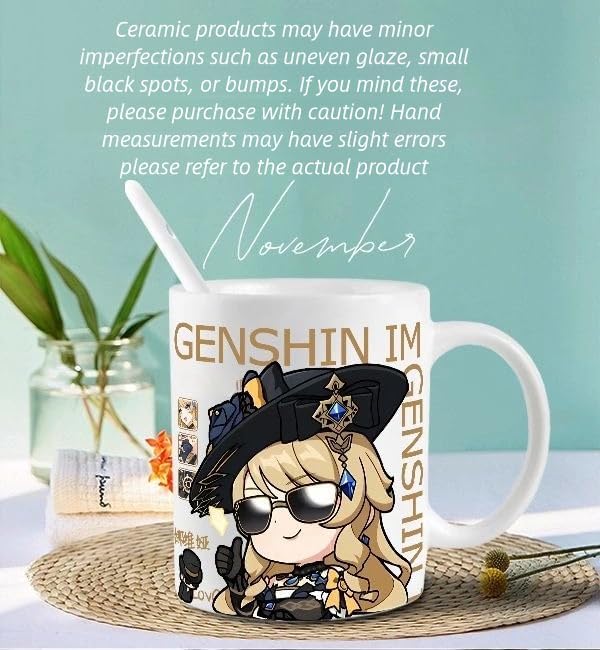 Genshin Impact Navia Mug Set - 330ml Chibi Ceramic with Spoon Coaster - Gift for Anime Fans