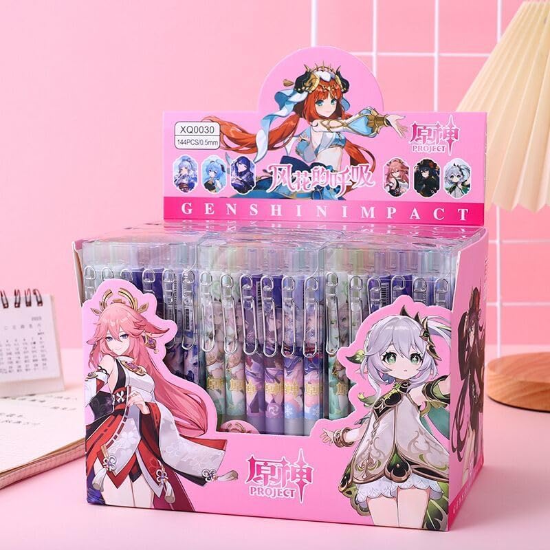 Genshin Impact Gel Pens - Black 6 Styles 12-Piece Set with 50 Refills - HuTao Ganyu YaeMiko Beelzebul Ayaka Nahida - Gift for Fans M00 - Zllada