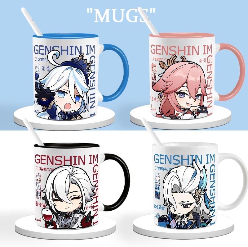 Genshin Impact Navia Mug Set - 330ml Chibi Ceramic with Spoon Coaster - Gift for Anime Fans