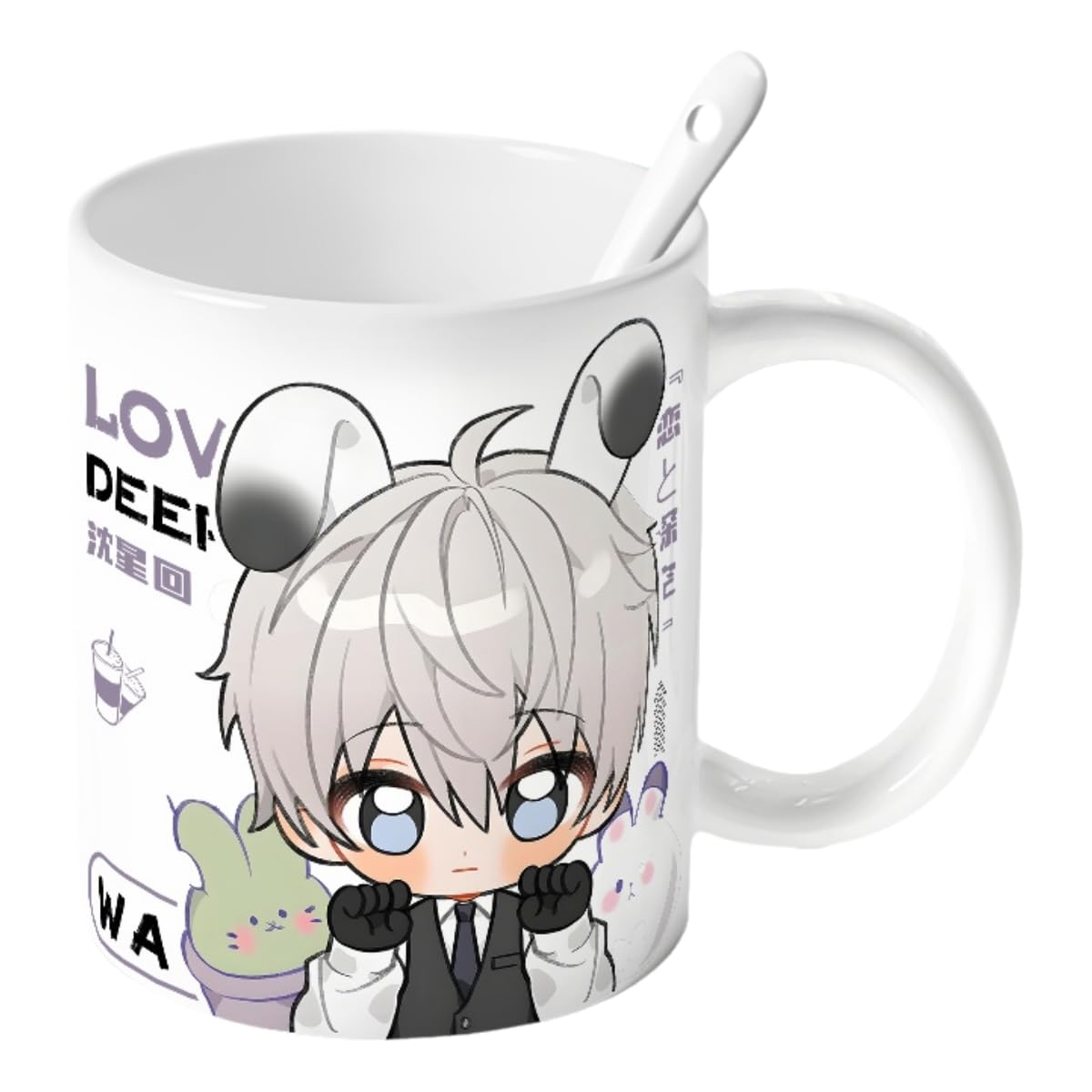 Xavier Love Deepspace Mug Set - 4-Piece Coffee Cup with Lid Coaster Spoon -  330ml Anime Ceramic Cute Desktop Gift for Fans of Zayne Xavier Rafayel Sylus Caleb - Zouven05