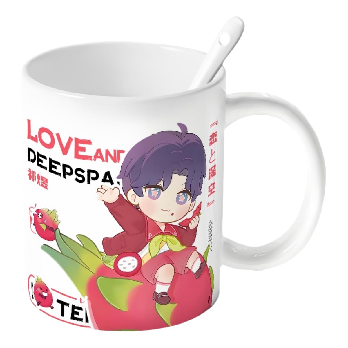 Rafayel Love Deepspace Mug Set - 4-Piece Coffee Cup with Lid Coaster Spoon - 330ml Anime Ceramic Cute Desktop Gift for Fans of Zayne Xavier Rafayel Sylus Caleb - Zouven05