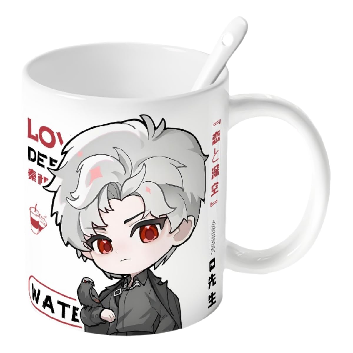 Sylus Love Deepspace Mug Set - 4-Piece Coffee Cup with Lid Coaster Spoon - 330ml Anime Ceramic Cute Desktop Gift for Fans of Zayne Xavier Rafayel Sylus Caleb - Zouven05