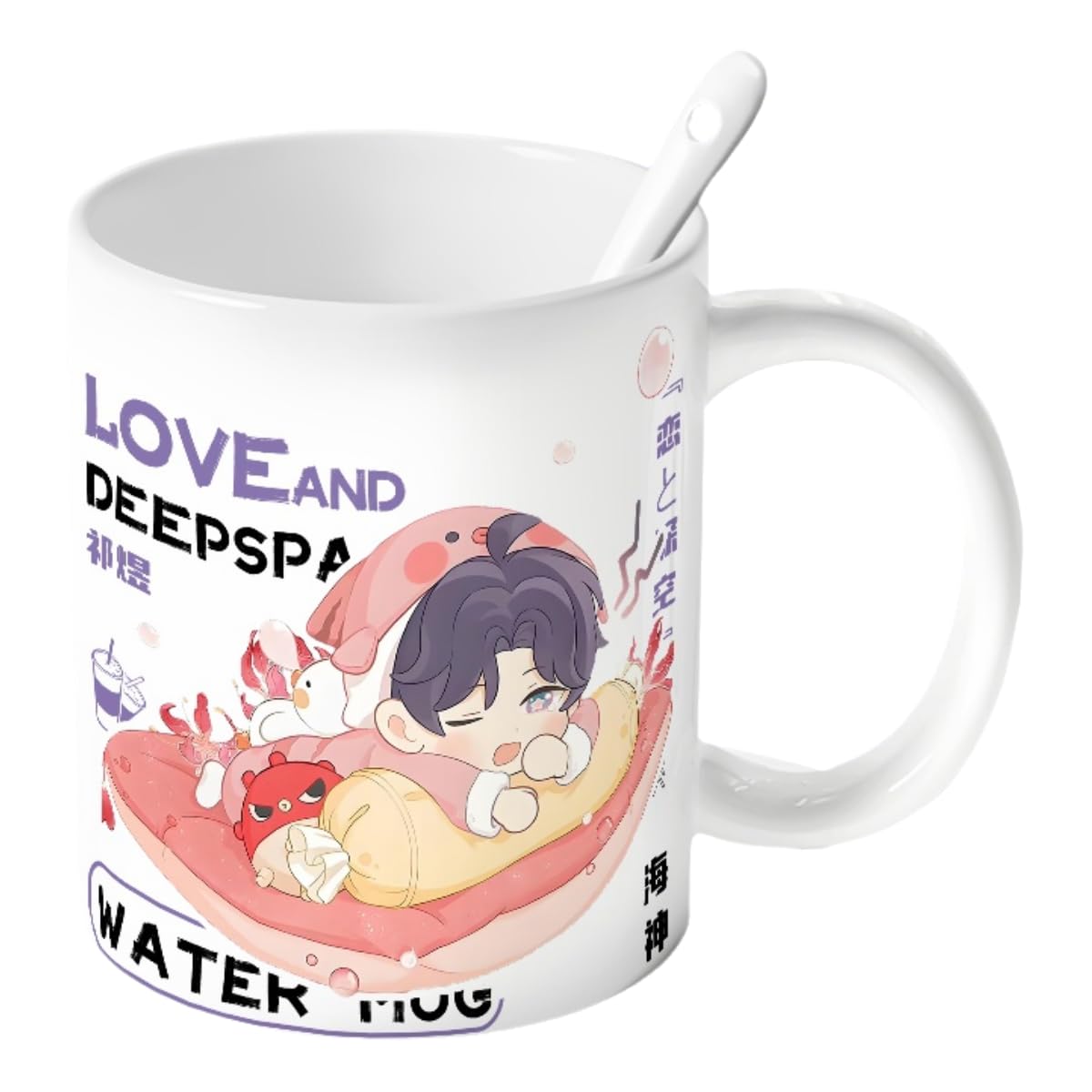 Rafayel Love Deepspace Mug Set - 4-Piece Coffee Cup with Lid Coaster Spoon - 330ml Anime Ceramic Cute Desktop Gift for Fans of Zayne Xavier Rafayel Sylus Caleb - Zouven05