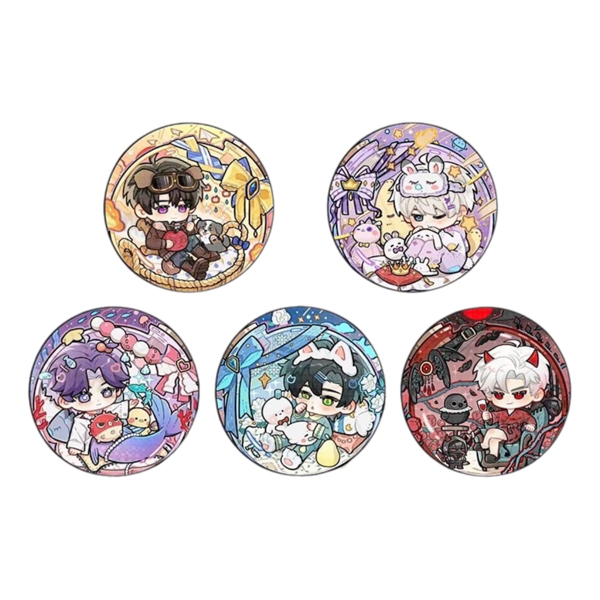 Love and Deepspace Badge Set - 58mm 5 Pcs with 5 Character Cute Cartoon Style - Zayne, Xavier, Rafayel, Sylus, Caleb - Brooch for Ita Bag Decoration - Zllada