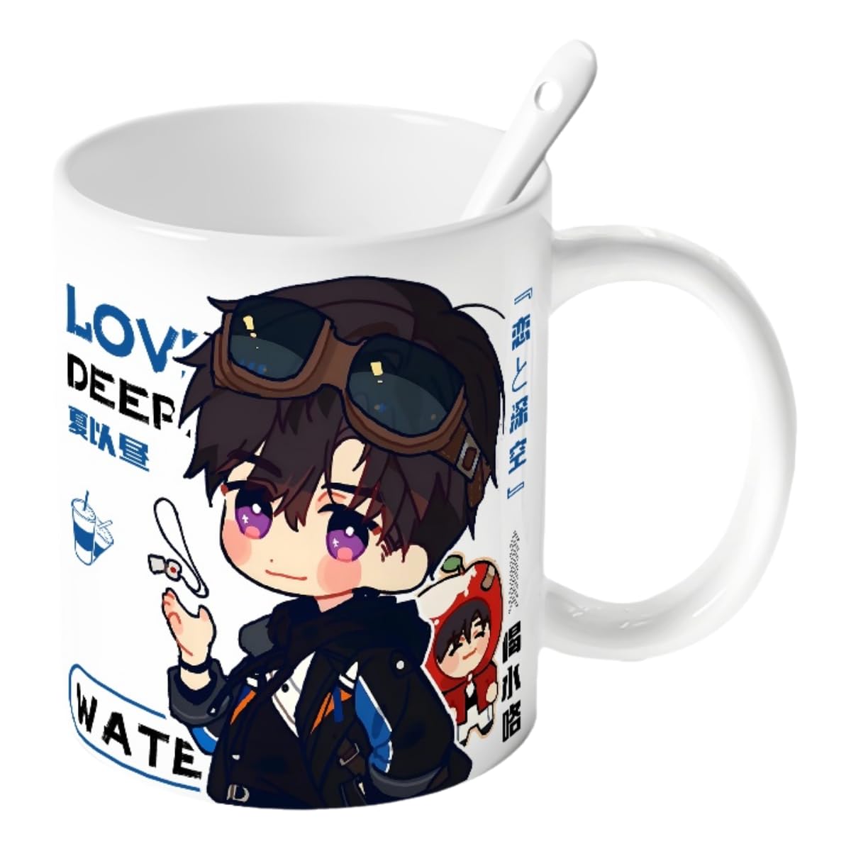 Caleb Love Deepspace Mug Set - 4-Piece Coffee Cup with Lid Coaster Spoon - 330ml Anime Ceramic Cute Desktop Gift for Fans of Zayne Xavier Rafayel Sylus Caleb - Zouven