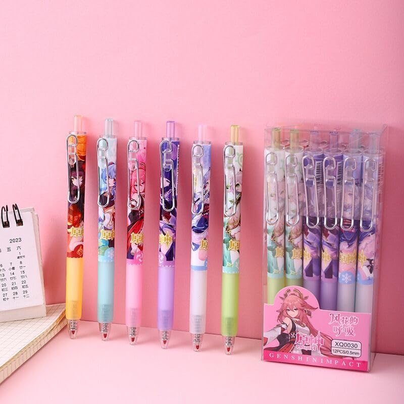 Genshin Impact Gel Pens - Black 6 Styles 12-Piece Set with 50 Refills - HuTao Ganyu YaeMiko Beelzebul Ayaka Nahida - Gift for Fans M00 - Zllada