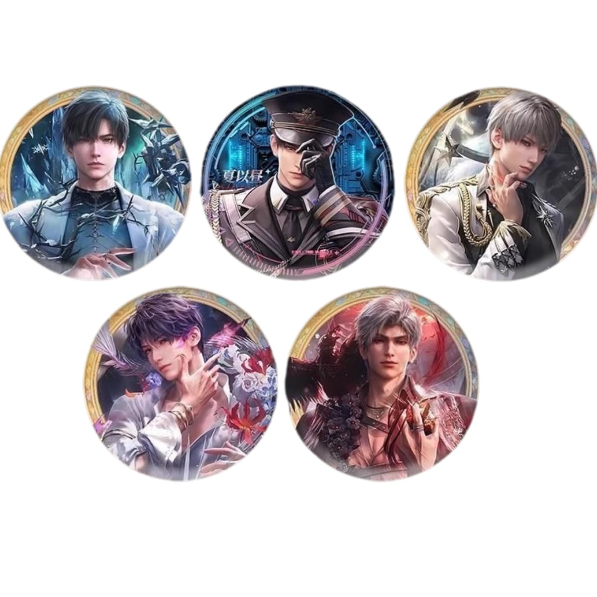 Love Deepspace Badges - 58mm Tinplate Fan - made Collectibles, Set of 5 Featuring Zayne, Xavier, Rafayel, Sylus, Caleb for Ita Bags by Zouven