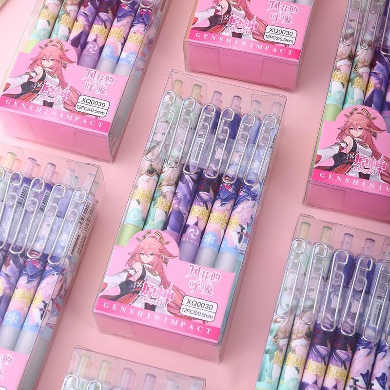 Genshin Impact Gel Pens - Black 6 Styles 12-Piece Set with 50 Refills - HuTao Ganyu YaeMiko Beelzebul Ayaka Nahida - Gift for Fans M00 - Zllada