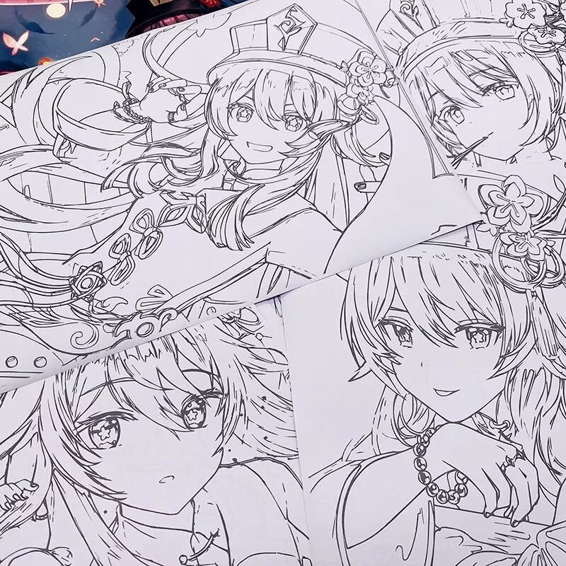 Hu Tao Genshin Impact Coloring Book Merch - Anime Merchandise Tracing and Sketch Book - 30 Pages of Line Art - Hand-Drawn Anime Characters Sketchbook - Gift for Game Fans - Zllada