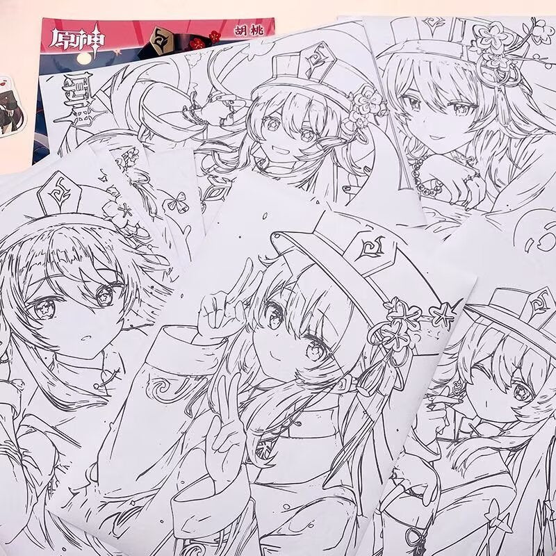 Hu Tao Genshin Impact Coloring Book Merch - Anime Merchandise Tracing and Sketch Book - 30 Pages of Line Art - Hand-Drawn Anime Characters Sketchbook - Gift for Game Fans - Zllada