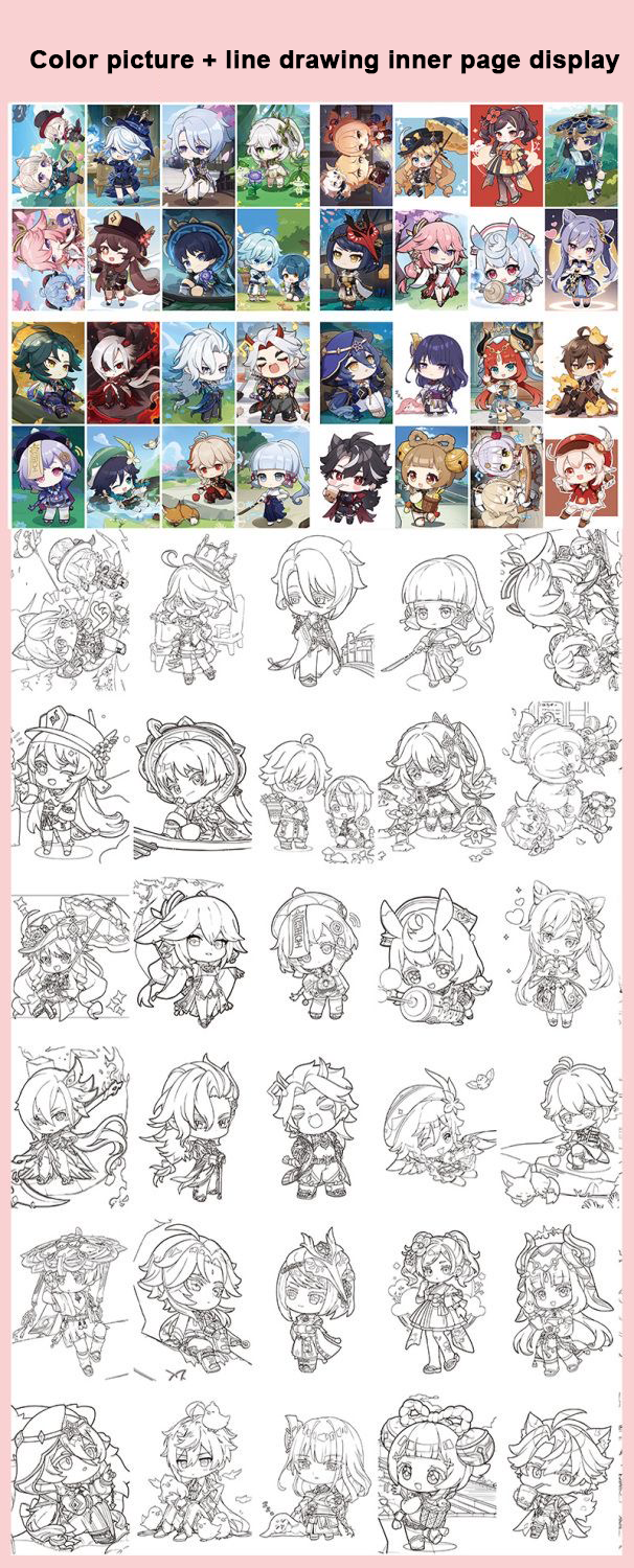 Q-Style Mix Genshin Impact Coloring Book Merch - Anime Merchandise Tracing and Sketch Book - 30 Pages of Line Art - Hand-Drawn Anime Characters Sketchbook - Gift for Game Fans - Zllada