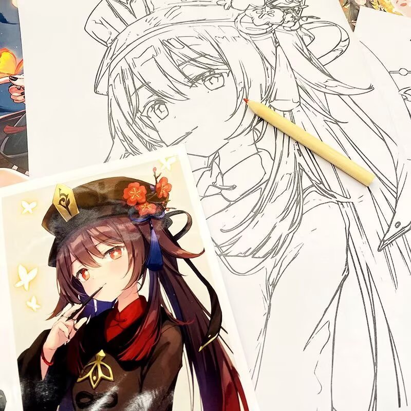 Hu Tao Genshin Impact Coloring Book Merch - Anime Merchandise Tracing and Sketch Book - 30 Pages of Line Art - Hand-Drawn Anime Characters Sketchbook - Gift for Game Fans - Zllada