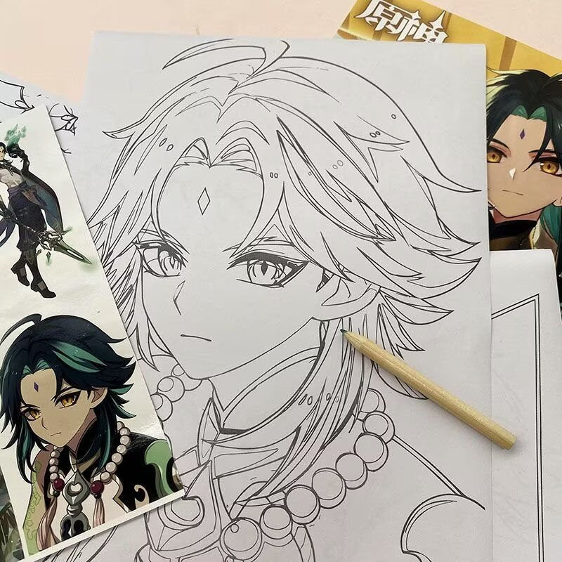 Xiao Genshin Impact Coloring Book Merch - Anime Merchandise Tracing and Sketch Book - 30 Pages of Line Art - Hand-Drawn Anime Characters Sketchbook - Gift for Game Fans - Zllada
