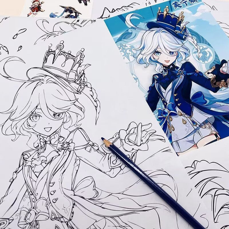 Furina Genshin Impact Coloring Book Merch - Anime Merchandise Tracing and Sketch Book - 30 Pages of Line Art - Hand-Drawn Anime Characters Sketchbook - Gift for Game Fans - Zllada