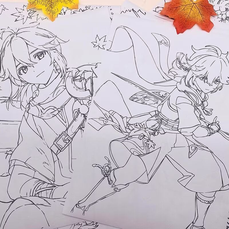 Kazuha Genshin Impact Coloring Book Merch - Anime Merchandise Tracing and Sketch Book - 30 Pages of Line Art - Hand-Drawn Anime Characters Sketchbook - Gift for Game Fans - Zllada