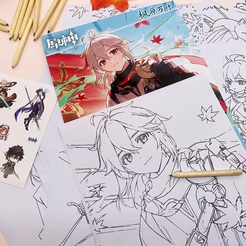 Kazuha Genshin Impact Coloring Book Merch - Anime Merchandise Tracing and Sketch Book - 30 Pages of Line Art - Hand-Drawn Anime Characters Sketchbook - Gift for Game Fans - Zllada