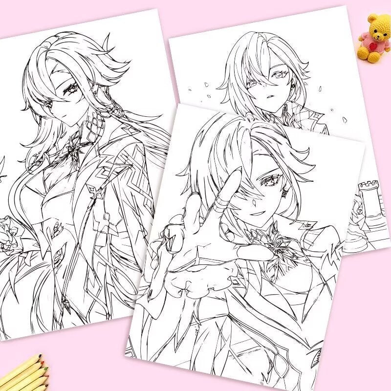 Arlecchino Genshin Impact Coloring Book Merch - Anime Merchandise Tracing and Sketch Book - 30 Pages of Line Art - Hand-Drawn Anime Characters Sketchbook - Gift for Game Fans - Zllada