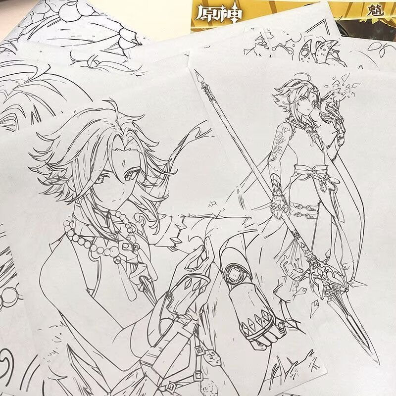 Xiao Genshin Impact Coloring Book Merch - Anime Merchandise Tracing and Sketch Book - 30 Pages of Line Art - Hand-Drawn Anime Characters Sketchbook - Gift for Game Fans - Zllada