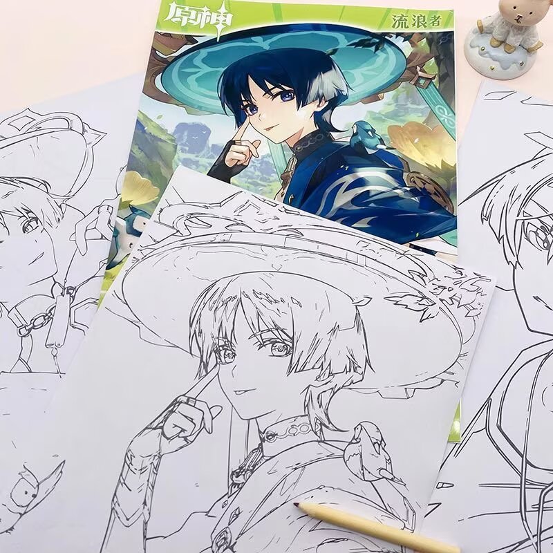 Kunikuzushi Genshin Impact Coloring Book Merch - Anime Merchandise Tracing and Sketch Book - 30 Pages of Line Art - Hand-Drawn Anime Characters Sketchbook - Gift for Game Fans - Zllada