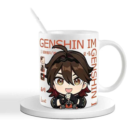 Genshin Ceramic Mug Set - 330ml Chibi Ceramic with Spoon Coaster - Gift for Anime Fans - Zllada