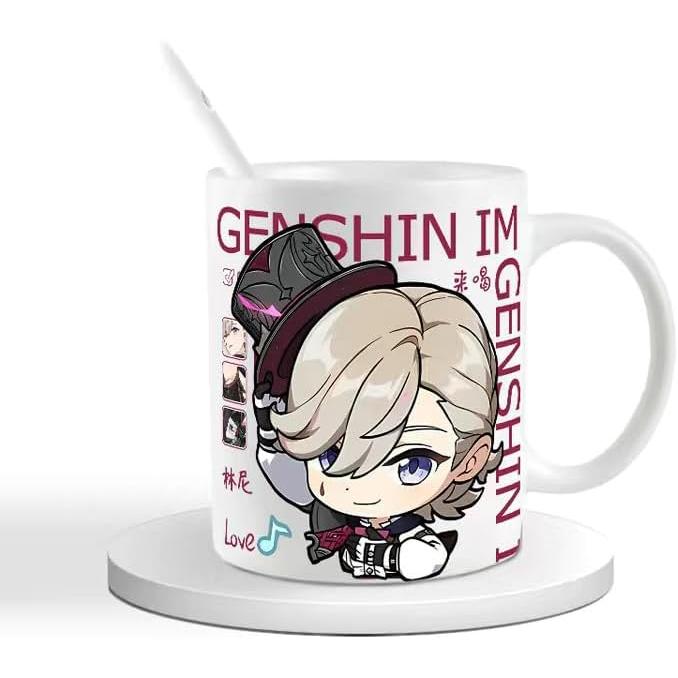 Genshin Ceramic Mug Set - 330ml Chibi Ceramic with Spoon Coaster - Gift for Anime Fans - Zllada