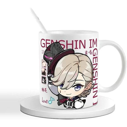 Genshin Ceramic Mug Set - 330ml Chibi Ceramic with Spoon Coaster - Gift for Anime Fans - Zllada
