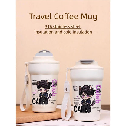 Love Deepspace Mug Cup - 480ml Travel Cold Hot Drinks - 316 Stainless Steel Insulated Coffee Cup with Dual-Use Lid - Leak-Proof Design & Portable Hand Strap - Anime Game Gift for Fans