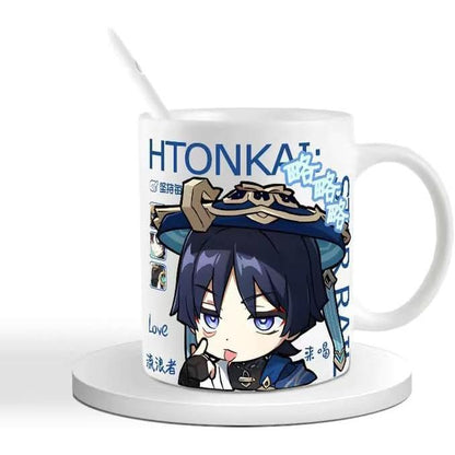 Genshin Ceramic Mug Set - 330ml Chibi Ceramic with Spoon Coaster - Gift for Anime Fans - Zllada