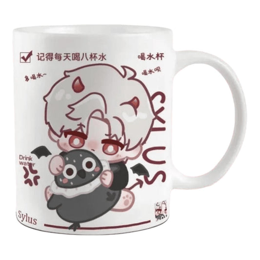 Sylus Love and Deepspace Mug Set - 330ml Chibi Ceramic Mug with Spoon & Coaster - Ideal Gift for Game Fans Featuring Zayne, Xavier, Rafayel, Sylus & Caleb