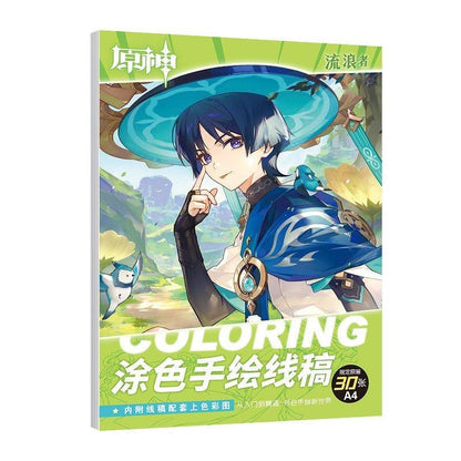 Genshin Coloring Books 30 A4 Pages Paper - 50 Pcs Sticker Pin Badge Gifts  - Zllada