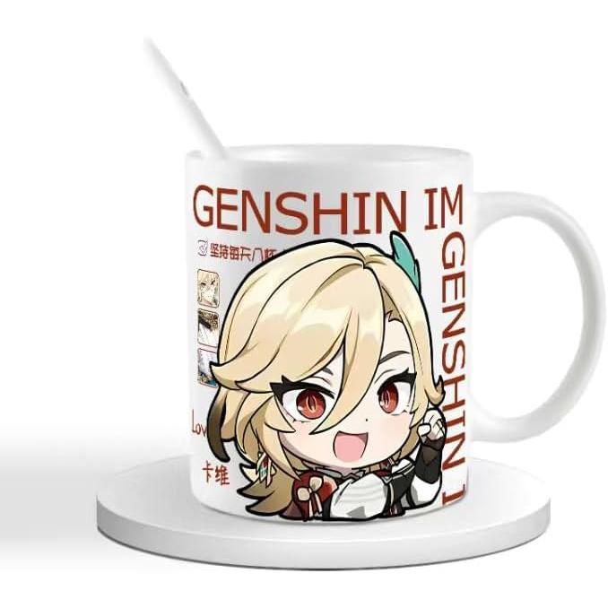 Genshin Ceramic Mug Set - 330ml Chibi Ceramic with Spoon Coaster - Gift for Anime Fans - Zllada