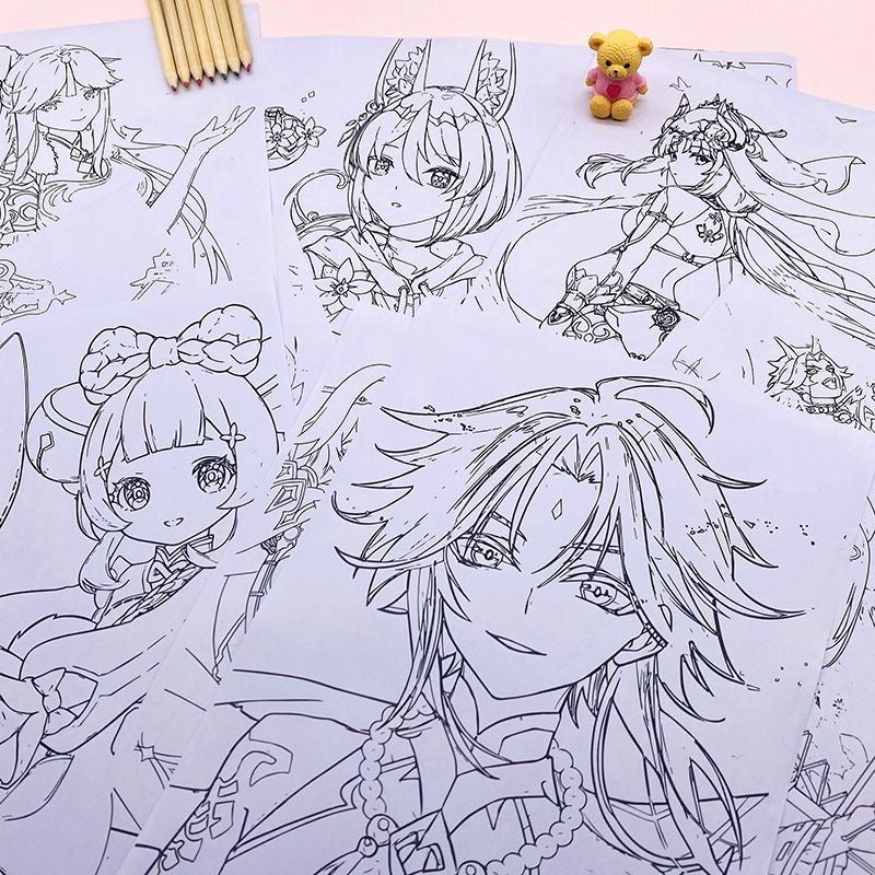 Genshin Impact Coloring  Book - Anime Merchandise Tracing and Sketch Book - 30 Pages of Line Art with Stickers - Hand-Drawn Anime Characters Sketchbook - Gift for Game Fans - Zllada