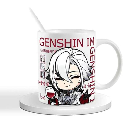 Genshin Ceramic Mug Set - 330ml Chibi Ceramic with Spoon Coaster - Gift for Anime Fans - Zllada