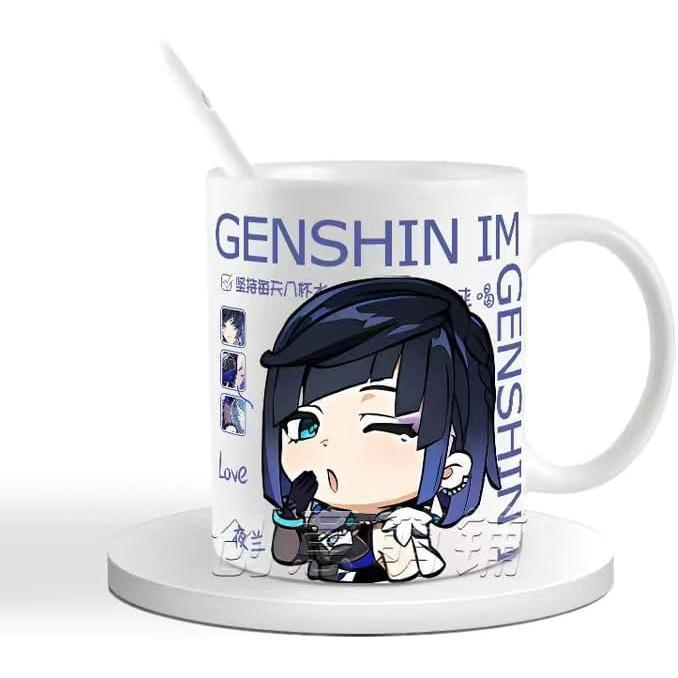 Genshin Ceramic Mug Set - 330ml Chibi Ceramic with Spoon Coaster - Gift for Anime Fans - Zllada