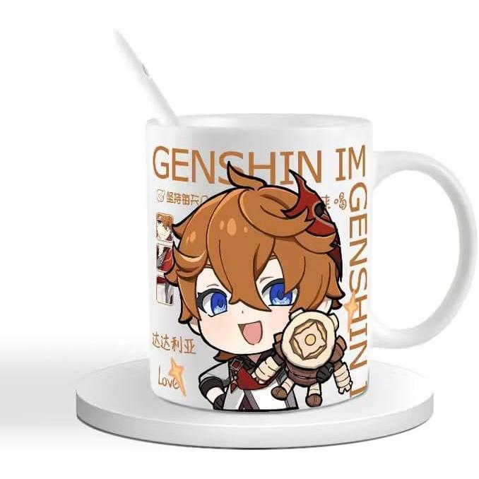 Genshin Ceramic Mug Set - 330ml Chibi Ceramic with Spoon Coaster - Gift for Anime Fans - Zllada