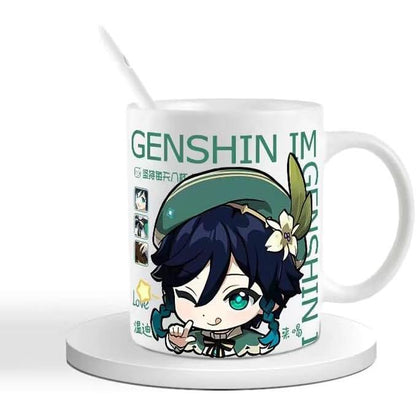 Genshin Ceramic Mug Set - 330ml Chibi Ceramic with Spoon Coaster - Gift for Anime Fans - Zllada