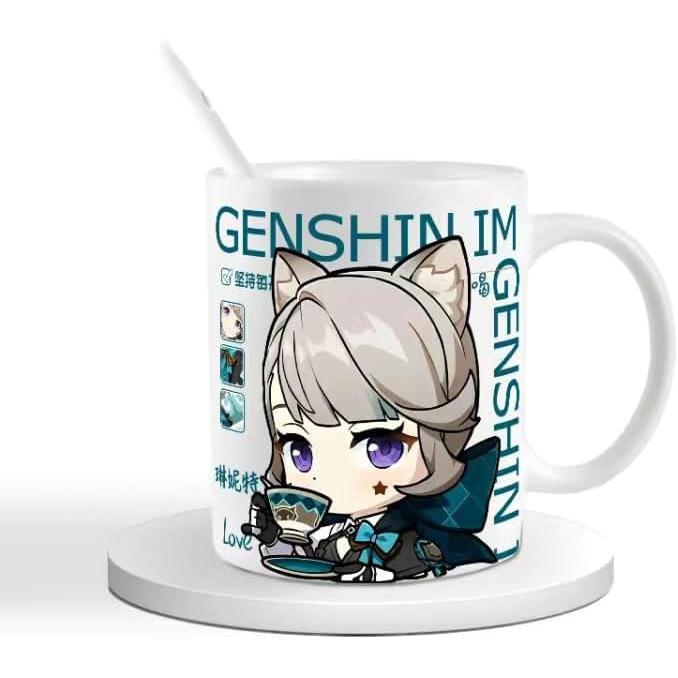Genshin Ceramic Mug Set - 330ml Chibi Ceramic with Spoon Coaster - Gift for Anime Fans - Zllada