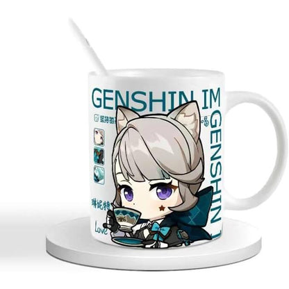 Genshin Ceramic Mug Set - 330ml Chibi Ceramic with Spoon Coaster - Gift for Anime Fans - Zllada