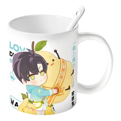 Zayne Love Deepspace Mug Set - 4-Piece Coffee Cup with Lid Coaster Spoon -  330ml Anime Ceramic Cute Desktop Gift for Fans of Zayne Xavier Rafayel Sylus Caleb - Zouven05