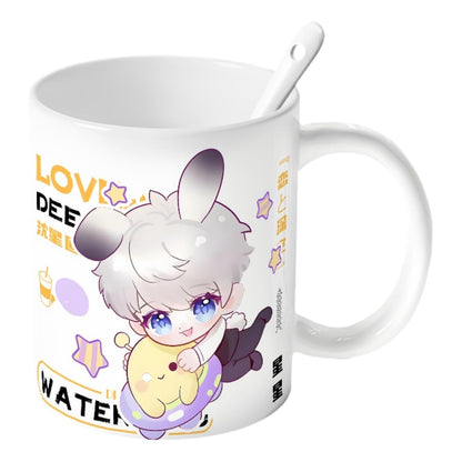 Xavier Love Deepspace Mug Set - 4-Piece Coffee Cup with Lid Coaster Spoon -  330ml Anime Ceramic Cute Desktop Gift for Fans of Zayne Xavier Rafayel Sylus Caleb - Zouven05