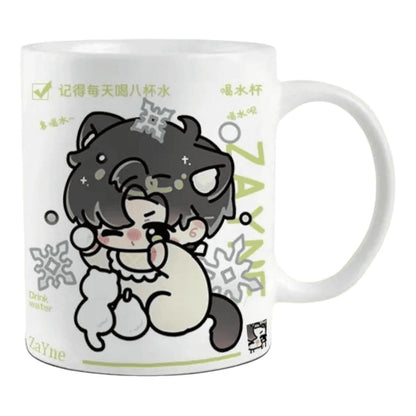 Zllada Love Deepspace Mug Set - 330ml Chibi Ceramic Mug with Spoon & Coaster - Ideal Gift for Game Fans Featuring Zayne, Xavier, Rafayel, Sylus & Caleb