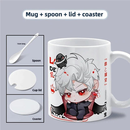 Xavier Love Deepspace Mug Set - 4-Piece Coffee Cup with Lid Coaster Spoon -  330ml Anime Ceramic Cute Desktop Gift for Fans of Zayne Xavier Rafayel Sylus Caleb - Zouven05