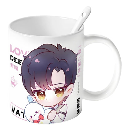 Zayne Love Deepspace Mug Set - 4-Piece Coffee Cup with Lid Coaster Spoon -  330ml Anime Ceramic Cute Desktop Gift for Fans of Zayne Xavier Rafayel Sylus Caleb - Zouven05