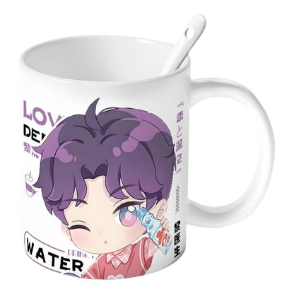 Zayne Love Deepspace Mug Set - 4-Piece Coffee Cup with Lid Coaster Spoon -  330ml Anime Ceramic Cute Desktop Gift for Fans of Zayne Xavier Rafayel Sylus Caleb - Zouven05