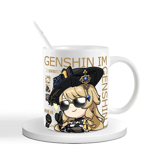 Genshin Impact Navia Mug Set - 330ml Chibi Ceramic with Spoon Coaster - Gift for Anime Fans