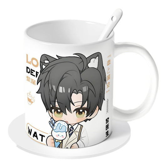 Zayne Love Deepspace Mug Set - 4-Piece Coffee Cup with Lid Coaster Spoon -  330ml Anime Ceramic Cute Desktop Gift for Fans of Zayne Xavier Rafayel Sylus Caleb - Zouven05