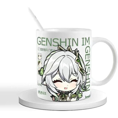 Genshin Ceramic Mug Set - 330ml Chibi Ceramic with Spoon Coaster - Gift for Anime Fans - Zllada
