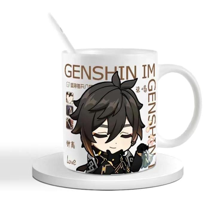 Genshin Ceramic Mug Set - 330ml Chibi Ceramic with Spoon Coaster - Gift for Anime Fans - Zllada